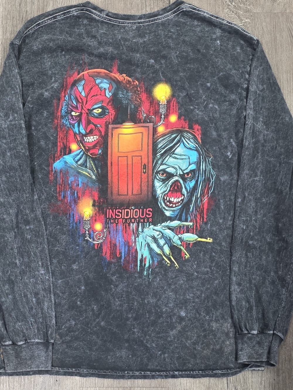 Universal Black Acid-Wash Crewneck with Vivid Horror Graphic
